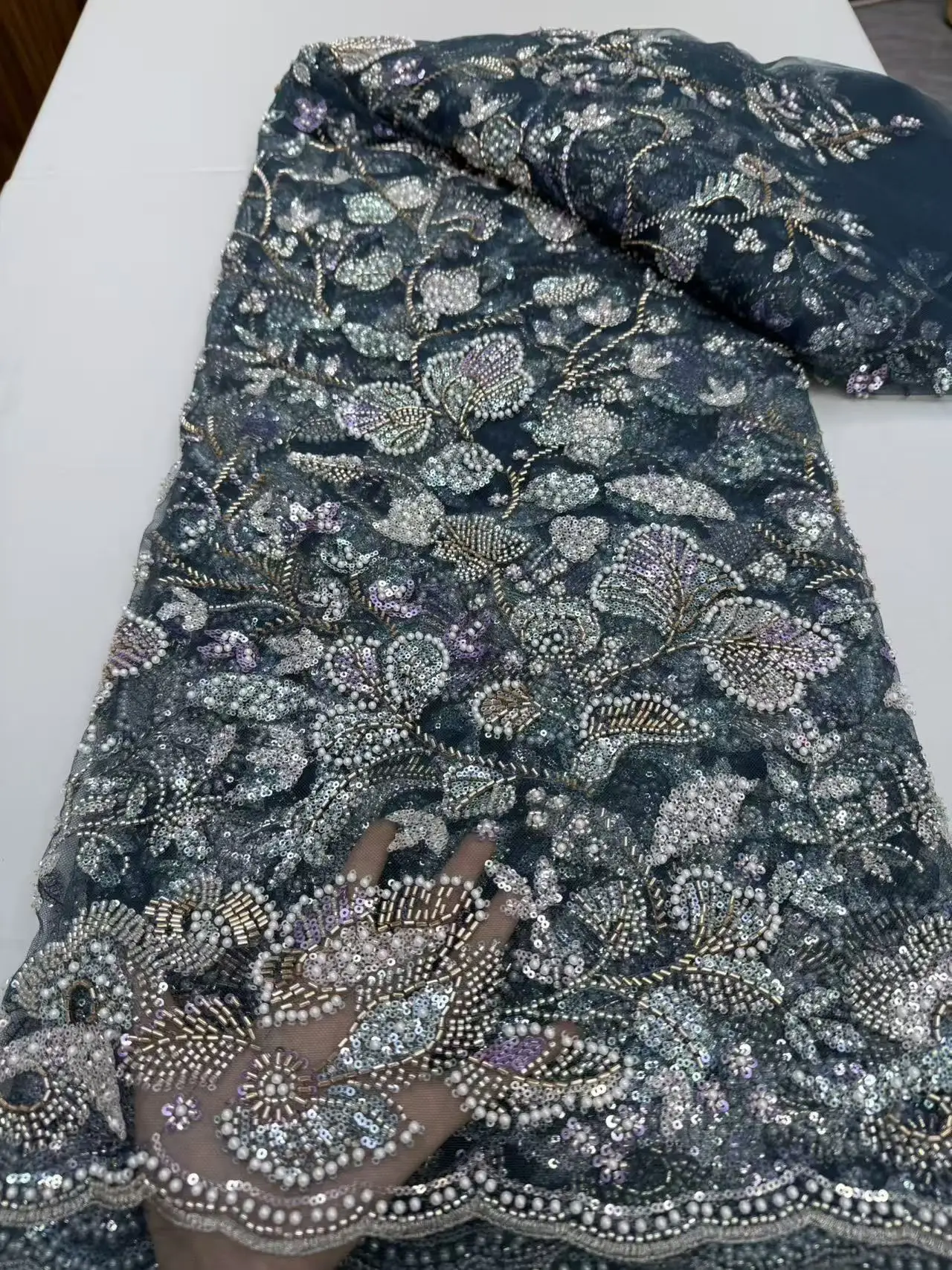 

African 2026 Beaded Emboridery Lace Fabric High-End French Embroidered Lace Fabric for Wedding and Party