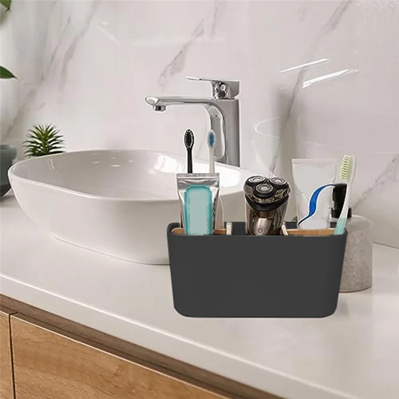 Toothbrush Holders For Bathrooms, 5 Slots Toothpaste Organizer With Bamboo Divider Bathroom Accessories Storage-AT64