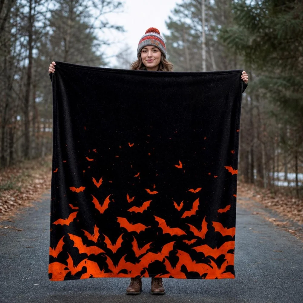 Halloween Throw Blanket Fleece Black Background Gradient Orange Bat Print Soft Sofa Bed Holiday Home Decor Blanket