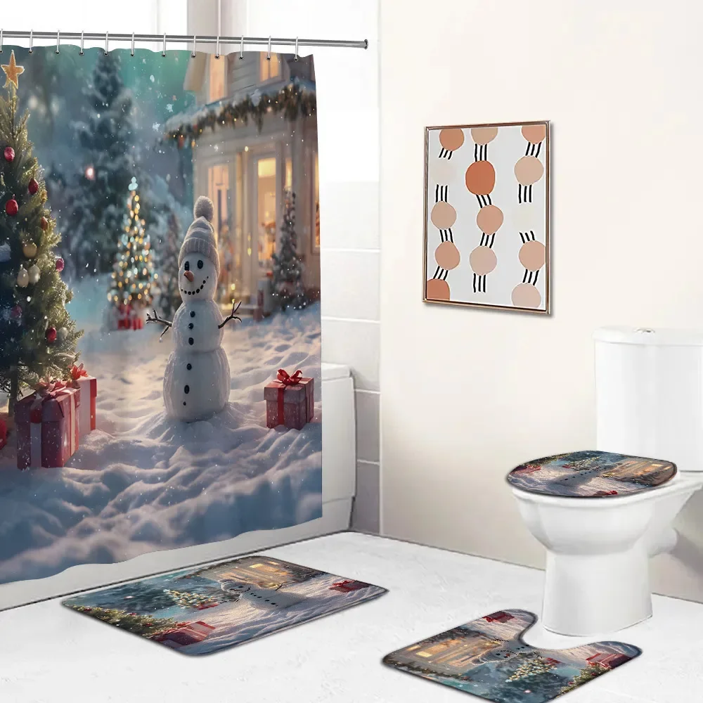 Merry Christmas Snowman Shower Curtain Set Christmas Winter Festival Snow Xmas Tree Ball Bathroom Decor Bath Curtain with Hook