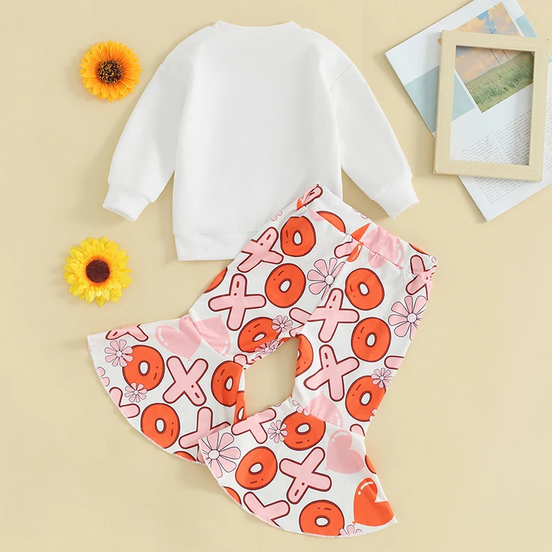 

Toddler Baby Girls Clothes Long Sleeve Crewneck Sweatshirt Top Floral Donut Print Flared Pants 2PCS Infant Sets