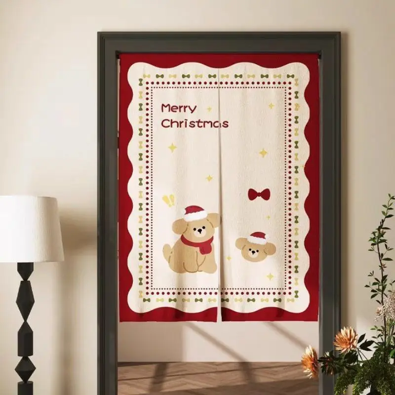 VIKAMA Christmas Minimalist Puppy Door Curtain Red Border Beige Merry Dog Santa Hat Bow Star Cute Kawaii Holiday Linen Noren