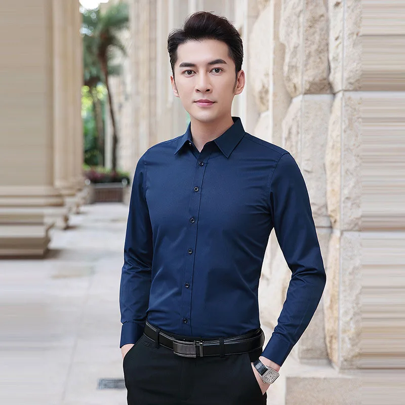 

Новые осенние мужские деловые рубашки высшего качества, однотонные, с длинным рукавом, приталенного кроя, MY629