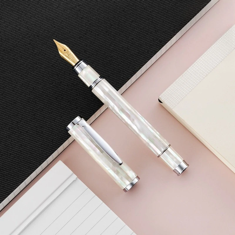 18K Gold Tip Pent FP-WhiteShell JAPANESE Fountain Pen Luxury Geman Schmidt F/M 0.5/0.7 Black Resin Novel Designer INK Pens