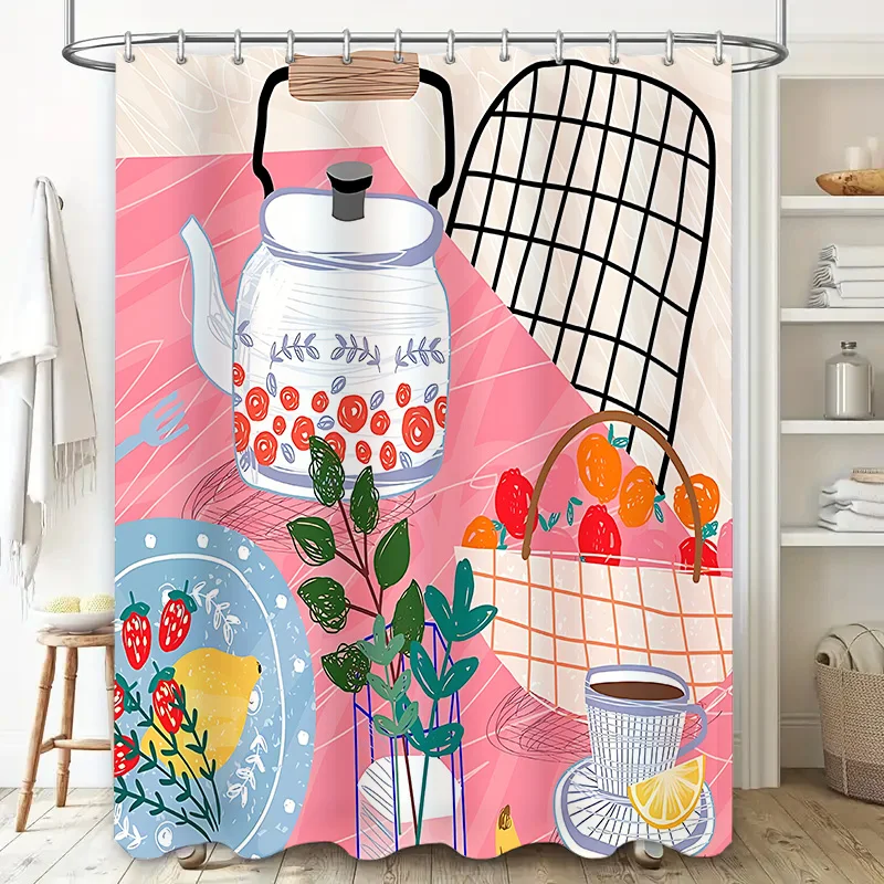 Colorful Kitchen Themed Bath Curtain Tea Pot Fruits Plants Pattern Waterproof Fabric with Hanging Rings Ideal for Bathroom Decor