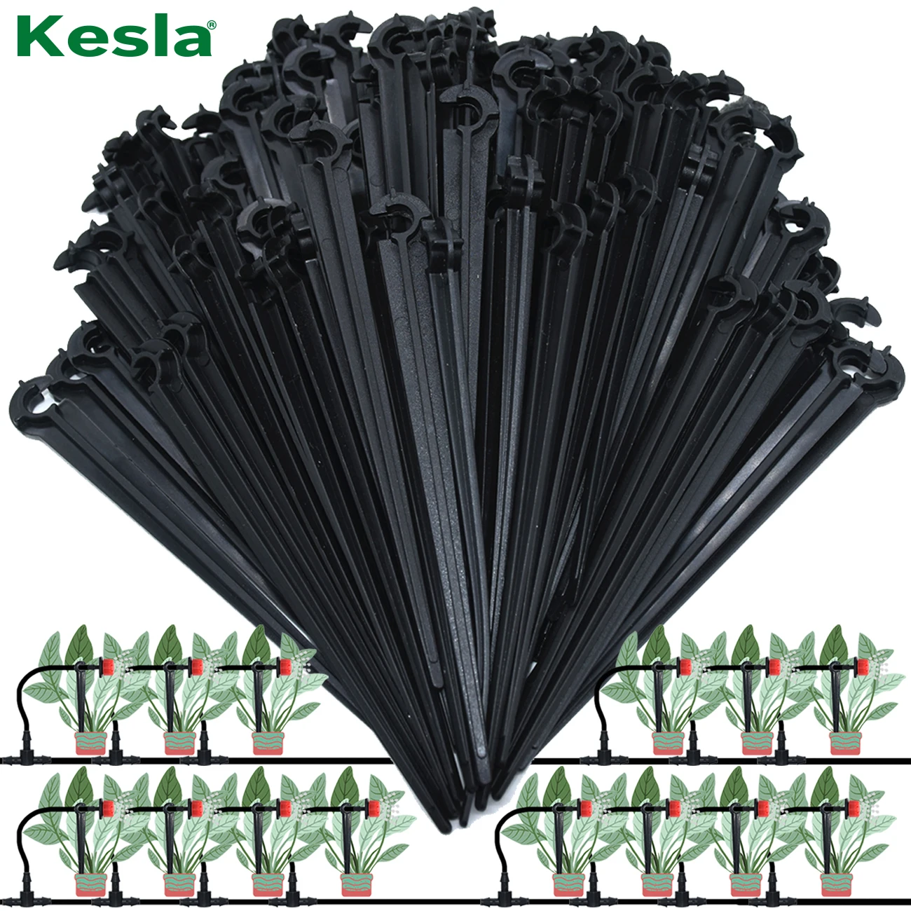 KESLA 50-200PCS 1/4'' C-type Hook Fixed Stem Support Holder Stakes for 4/7mm Hose Flowerpot Drip Irrigation Fitting Greenhouse