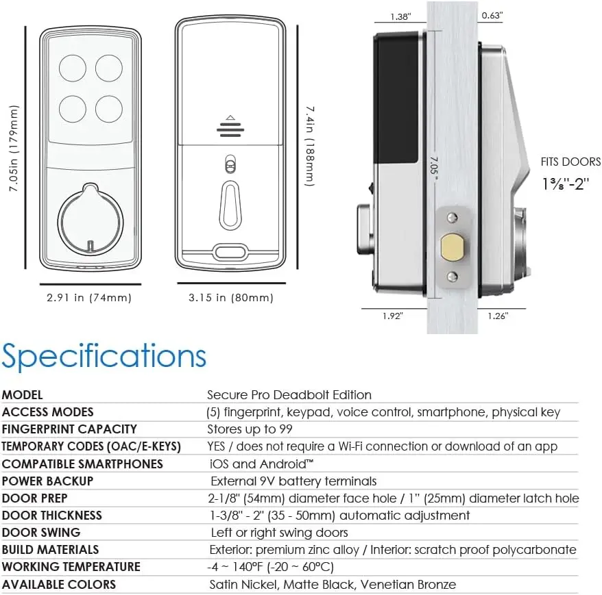 Imagem -06 - Wi-fi Inteligente Deadbolt Keyless Entry Door Lock Pin Genie®3d Biométrico Fingerprint Sensor Bloqueio Automático Cetim Níquel Teclado