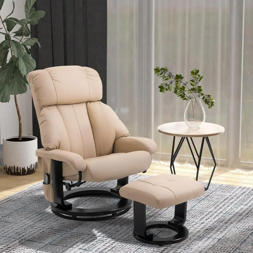 Massage Recliner Chair with Ottoman, 360° Swivel Recliner and Footstool, PU Leather Reclining Chair with Side Pocket Beige