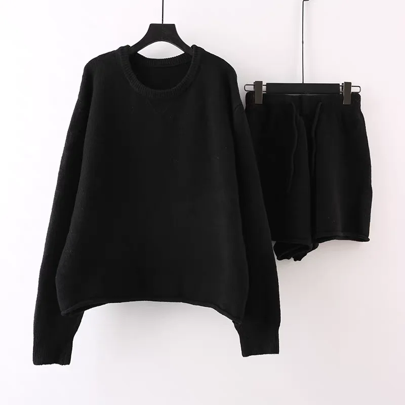 Women's Spring Autumn Two Pieces Cozy Knitted Shorts Set Lady Casual Solid Color O Neck Long Sleeve Pullover Sweater + Shorts