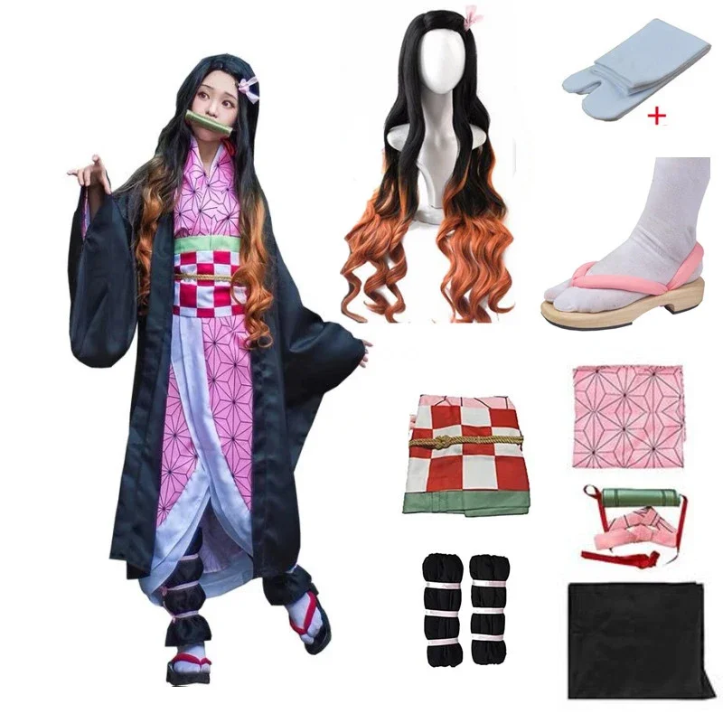 Dämon Slayer Kamado Nezuko Cosplay Halloween Kostüm Party Kleidung Anime Kimetsu Keine Yaiba Outfit Perücke Schuhe Set