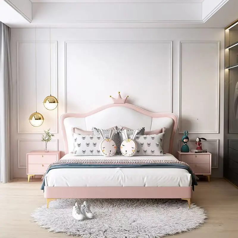 ￥#2025 Pink or Blue Color Soft Up-holstered Beds Twin Kids Double Bed Frame Queen and King Shaped pink Princess Boys Design Bed