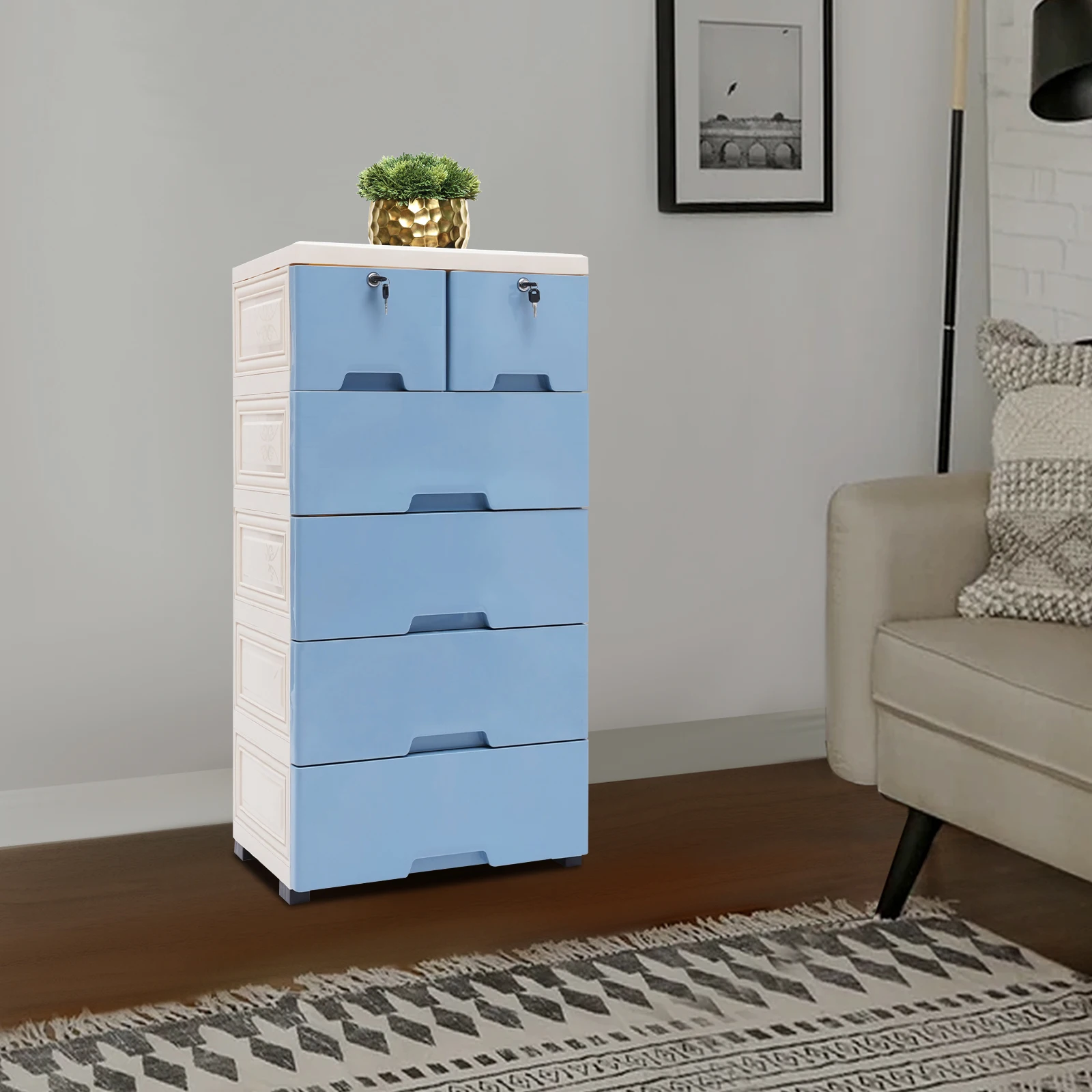 Blue Five-drawer Storage Cabinet for  The Bedroom, Utility Room, Living Room, and Porch