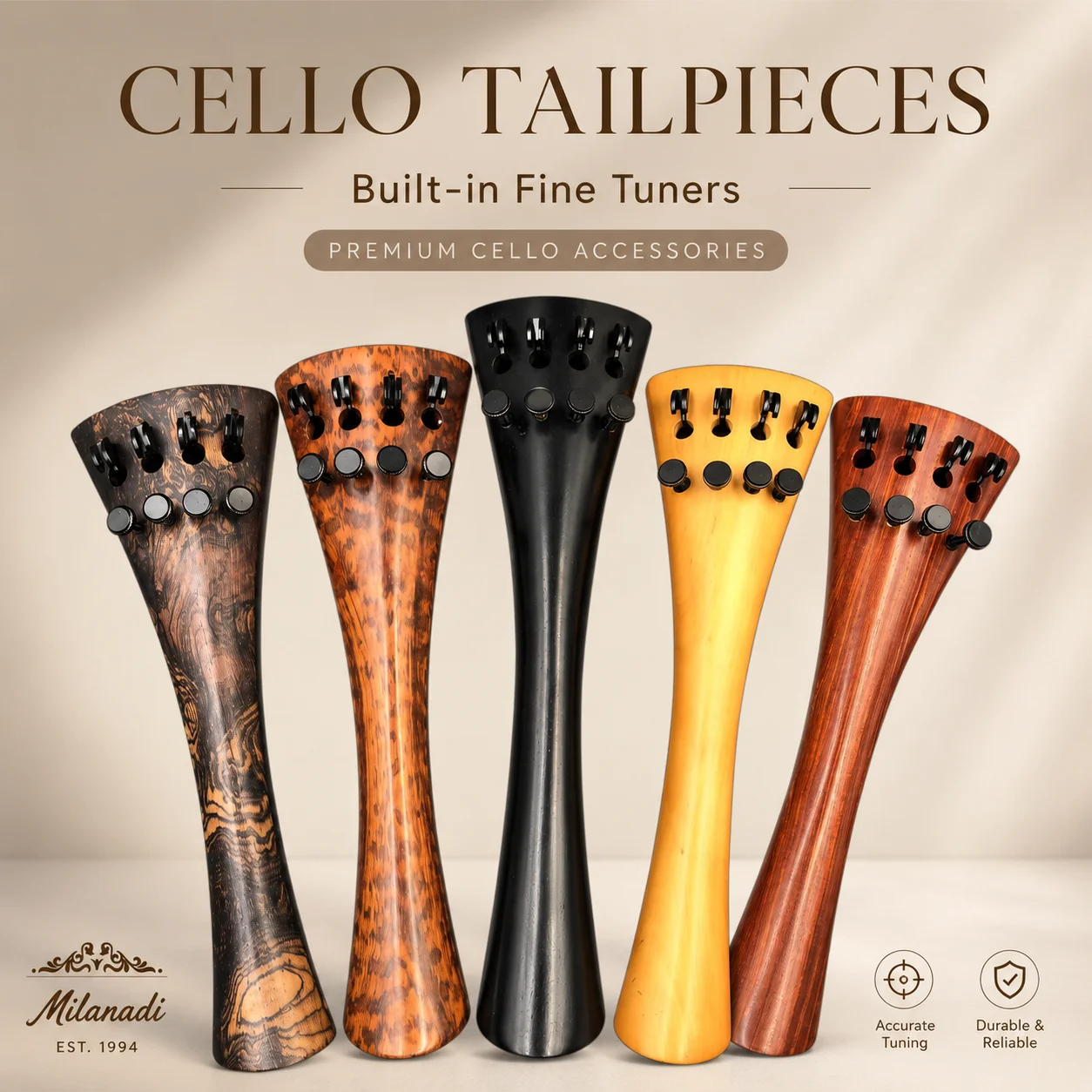 Hand-made 4/4 Cello Accessories Parts Fittings, Ebony/Rosewood/Ox Horn Wood/Snakewood/Boxwood Tailpiece & Fine Tuners