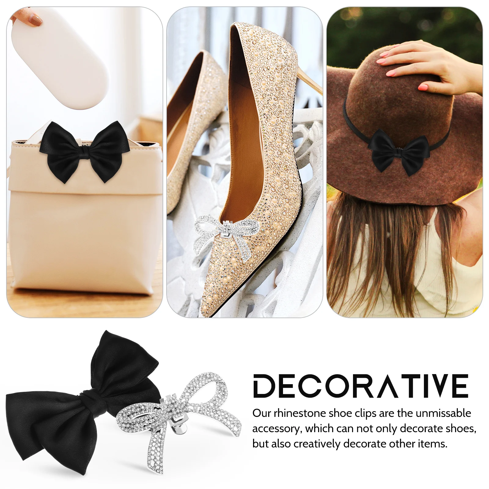 

4 Pcs Black Satin Bow Shoe Clips Silver Rhinestone Decorative Accessories For Women Heels Flats Pumps Elegant Present