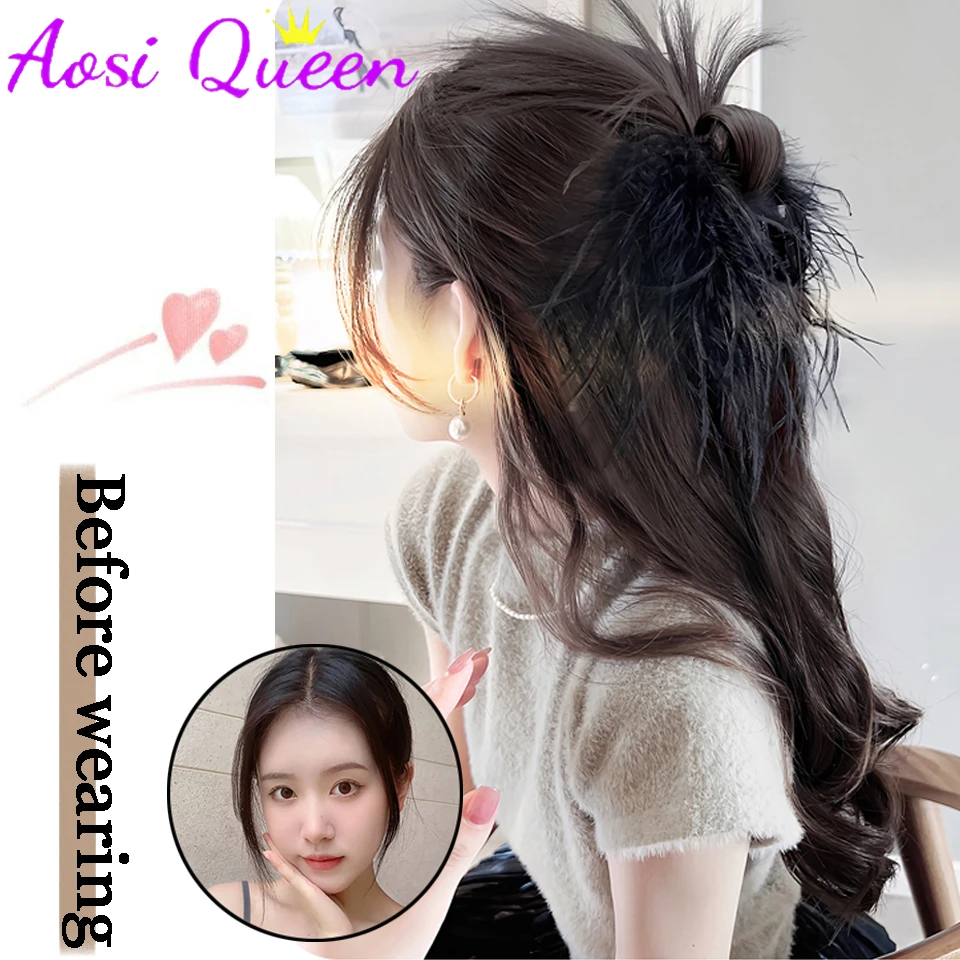 AOSI Synthetic Half-tied Chicken Feather Claw Clip Fountain High Ponytail Lazy Feather Clip Hot Girl Ball Head Wig