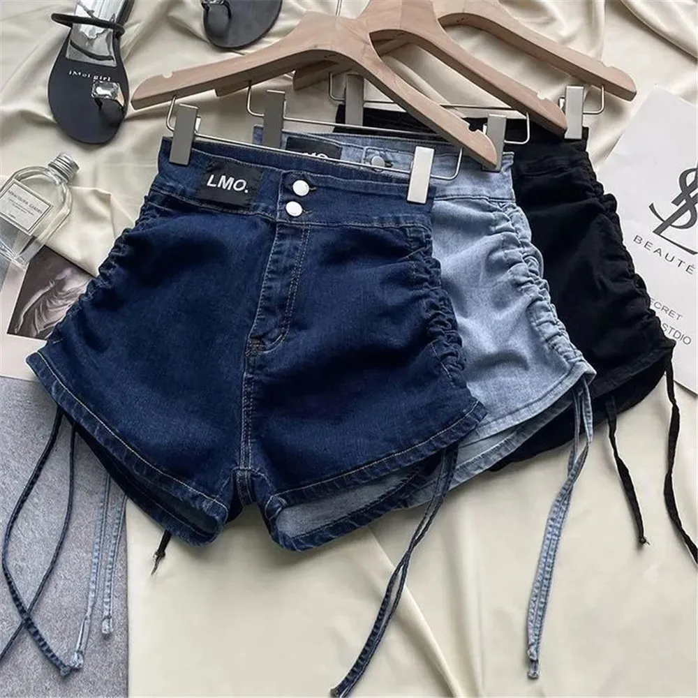 Xuân Hè Thời Trang Mới Dễ Thương Gợi Cảm Nữ Quần Short Jean Áo Khoác Ngoài Nữ Ol Cao Eo Nút Denim Ngắn Tua Rua Dây Rút