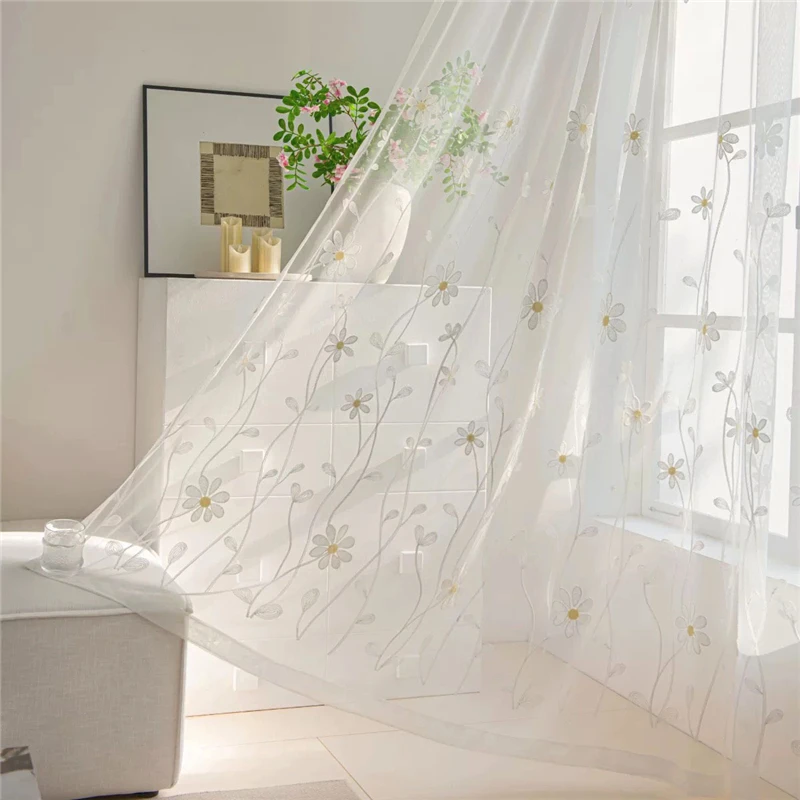 Korean Chamomile Embroidered Sheer Curtain White Elegant Transparent Window Screen Rod Pocket-Hook For Lving Room and Bedroom