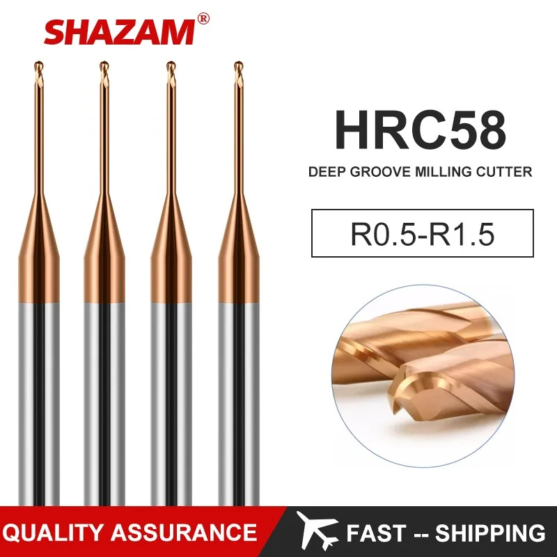 SHAZAM HRC58 2-Flute Tungsten Steel Carbide Nano Coating Deep Groove Ball End Endmills CNC Mechanical Machining Cutter Tools