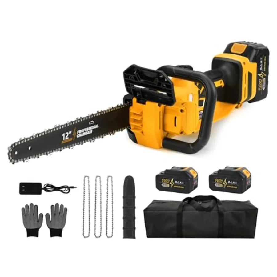 

12" Electric Cordless Chainsaw Powered by 20V Lithium-ion Battery with 2 x 4.0Ah Batteries and Charger Ideal for Efficient Wood
