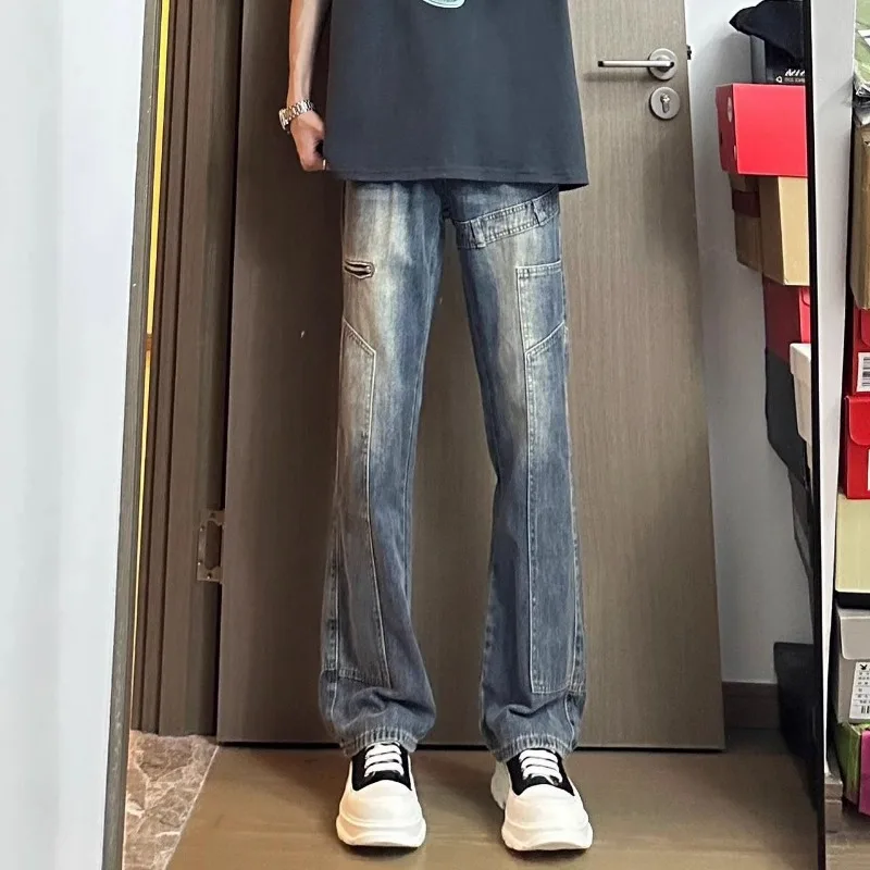 Men Vintage Washed Ripped Stitch Detail Flared Denim Pants