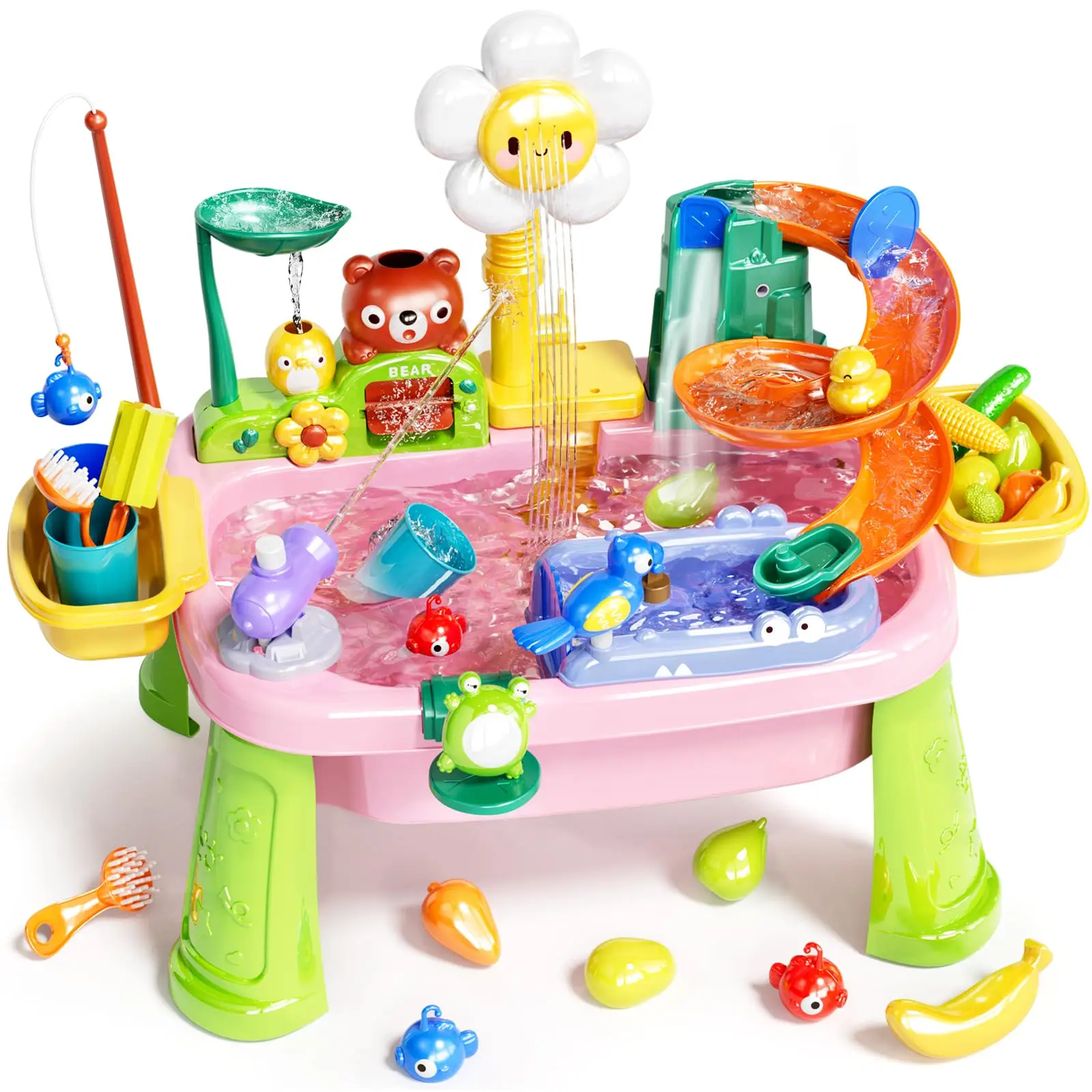 Water Table Play Sink Toys for Toddlers, Kids Play Kitchen Sink with Running Water, 360° Electric Faucet, Floating Fishing Game