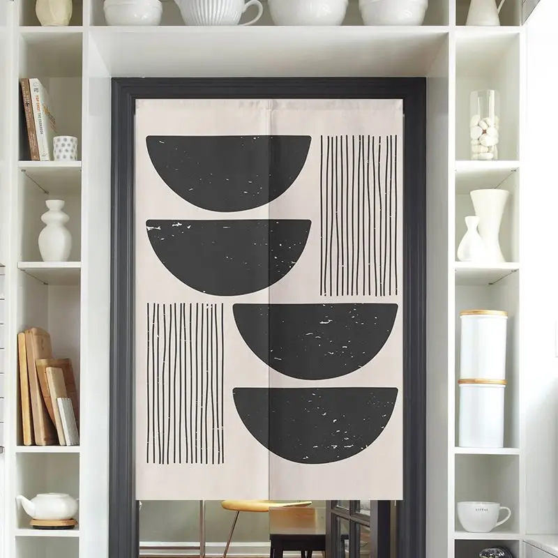 VIKAMA Minimalist Black Half Circle Line Door Curtain Beige Background Arch Curve Abstract Art Nordic Simple Linen Noren Bedroom