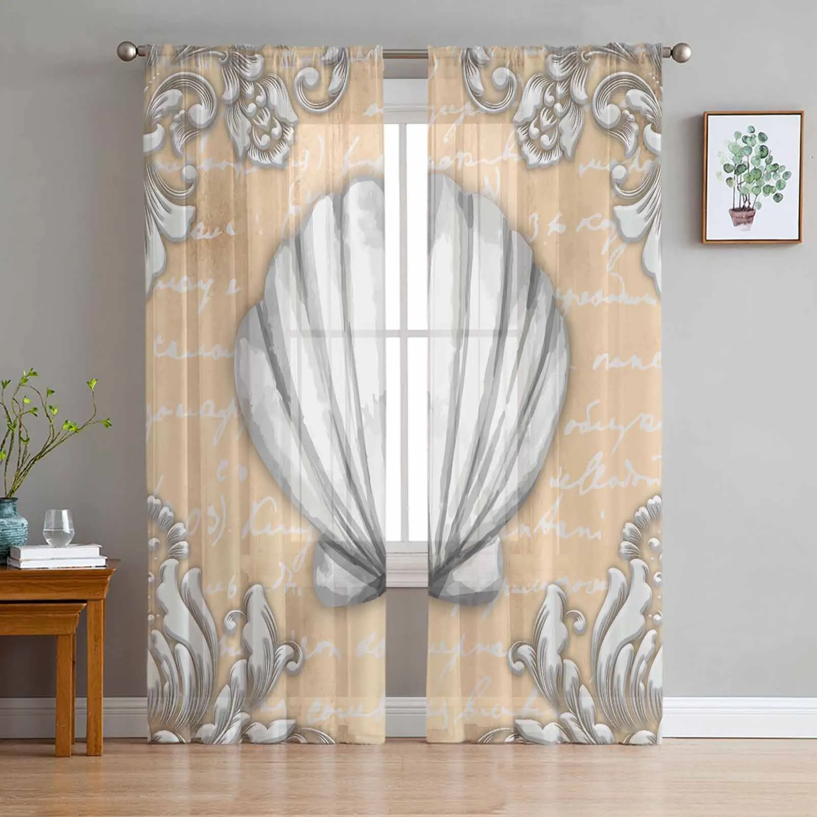 Text Stone Carving Shell Natural Color Sheer Curtain Living Room Drapes Home Bedroom Voile Curtain Tulle Window Curtain