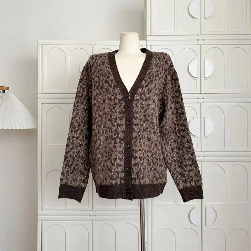 Women Brown Leopard Cardigan Sweater Harajuku Y2k Long Sleeves Knitted Sweaters 90s Aesthetic Vintage 2000s Clothes Autumn 2024