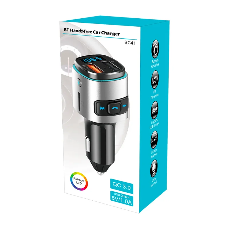 

New BC41 Car MP3 Bluetooth Player, Car Charger with QC3.0 Fast Charging, Colorful Ambient Light, FM Transmitter