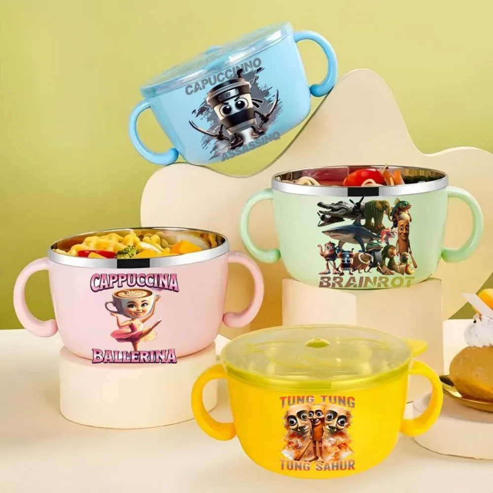 

Italian Brainrot Cartoon Bowl 304 Stainless Steel Noodle Bowl with Lid Heat Resistant Instant Noodles Bowls Cooker Tableware