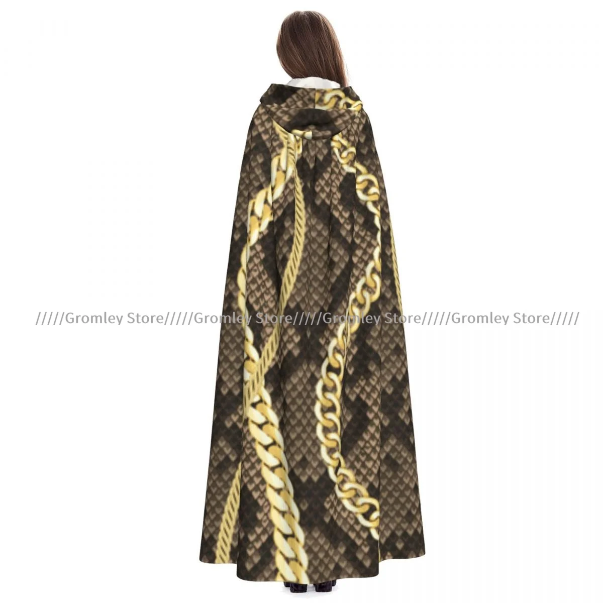 

Unisex Halloween Cloak Golden Chains Pattern On Snake Background. Cape Hooded Medieval Costume Witch Wicca Vampire