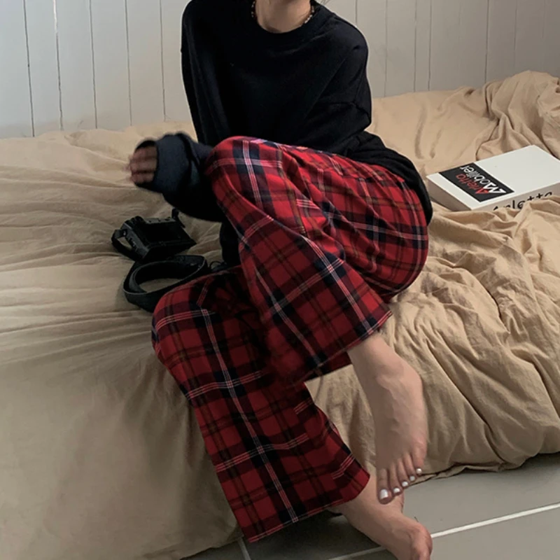 S-4XL Casual Red Plaid Pants Women Autumn Winter Fashion Elegant Student Korean Style Harajuku Hip Pop Streetwear Chic Vintage