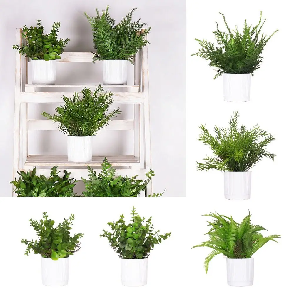 

Green Fern Grass Artificial Bonsai White Flowerpot Photo Props Simulation Plant Potted Green Grass Waterproof Desktop Ornament
