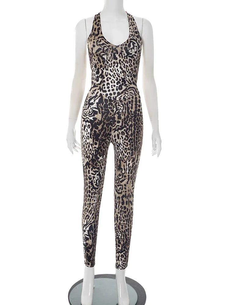 Leosoxs Tuta con stampa leopardata Donna Coquette Tendenza estiva Midnight Club Attività Tuta da allenamento elasticizzata fitness senza maniche