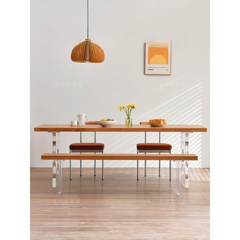 Acrylic floating dining table, household Japanese red oak furniture Nordic rectangular solid wood large board table workbench