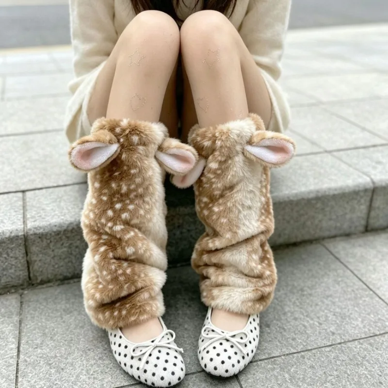 Cute Deer Ear Leg Warmers for Women Y2K Lolita Fawn Print Plush Boot Covers, Kawaii Animal Cosplay Warm Fluffy Winter Socks