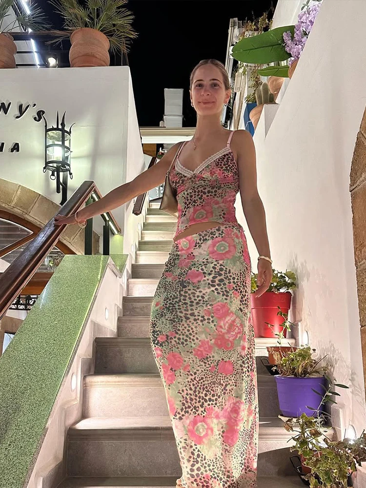 Sisterlinda المرقعة تقليم 2 قطعة مجموعة الصيف عطلة وتتسابق جذابة طباعة منخفضة الرقبة كاميس + مباراة ماكسي التنانير Mujer Y2K الدعاوى