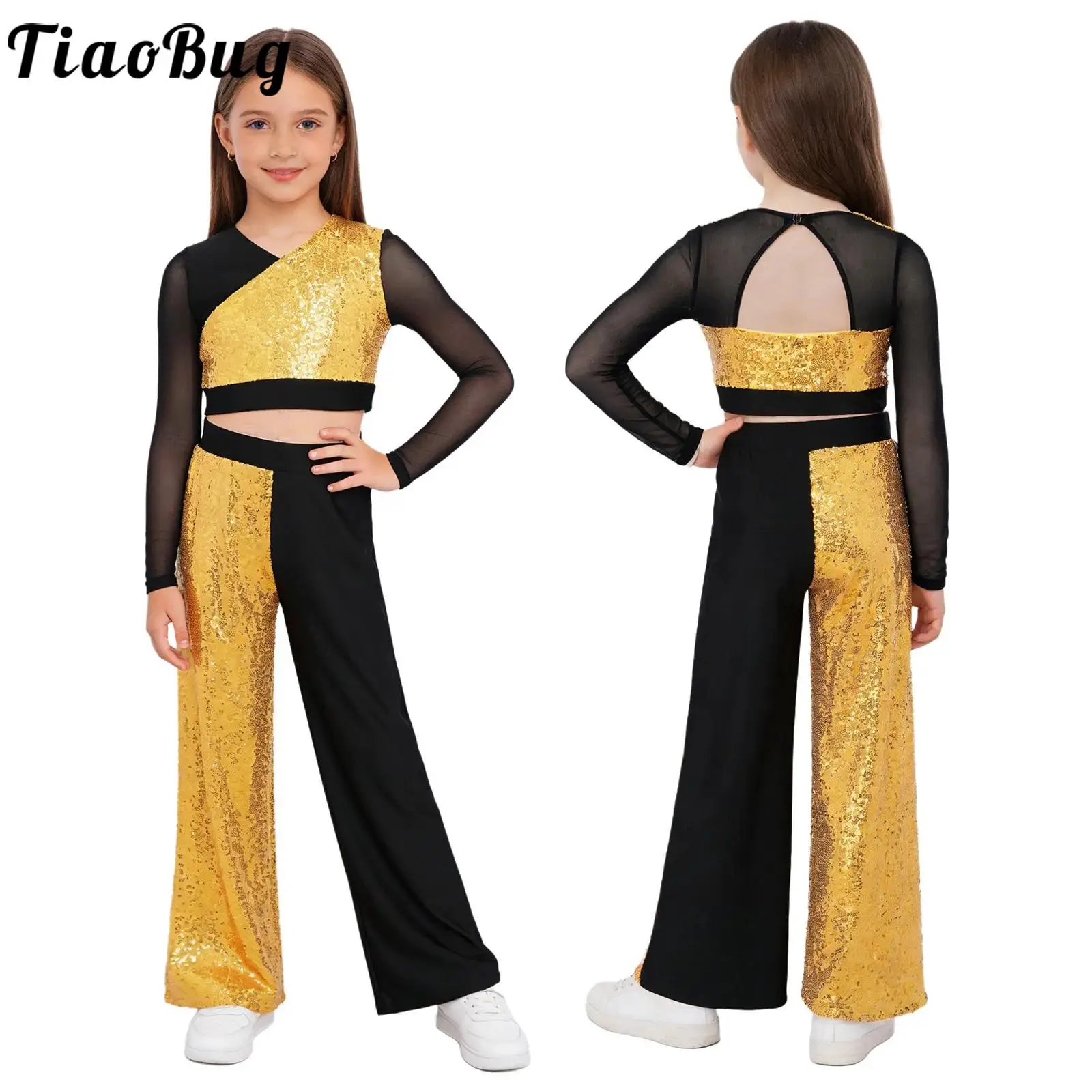 Kids Girls Stylish Modern Hip Hop Dance Clothes Costume Dance Wear Sparkling Sequins Jazz Dance Disco Stage Performance Costume