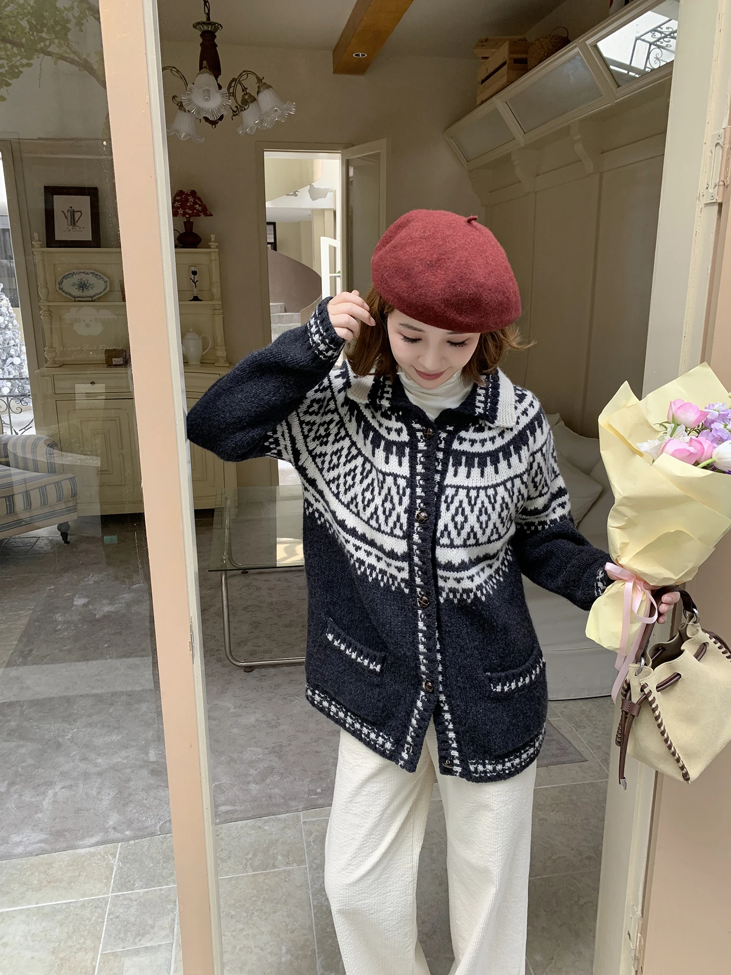 

ELINSU Thiened Knitted Sweater Coat Women's Open Cardigan Fair Isle Pattern Loose Fit Autumn Winter Top Warmth Heating