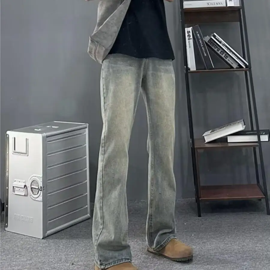 

Корейские мужские облегающие прямые расклешенные джинсы в стиле ретро в американском стиле High Street, эластичные потертые джинсовые брюки, уличная одежда