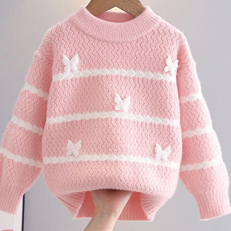 الخريف الشتاء الفتيات محبوك سترة جولة الرقبة طويلة الأكمام قمم مخطط البلوز ملابس الأطفال مريحة أزياء عارضة #6