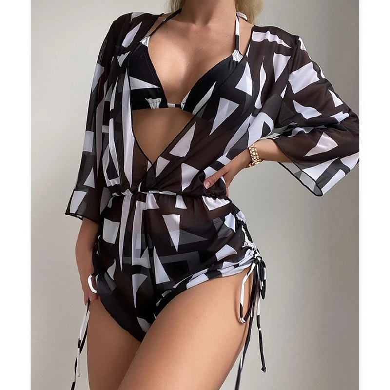 Fashion Micro Bikini Women's Print 3 Piece Sexy Lace Up Triangle Halter Bikini Push Up Bodysuits Beach Cover Up Casual Swimsuit