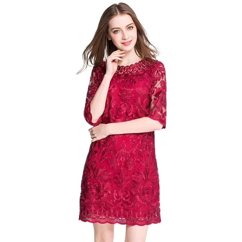 

Vintage Embroidered Lace Half Sleeves Bungundy Short Party Plus Size Dress With Side Pocket