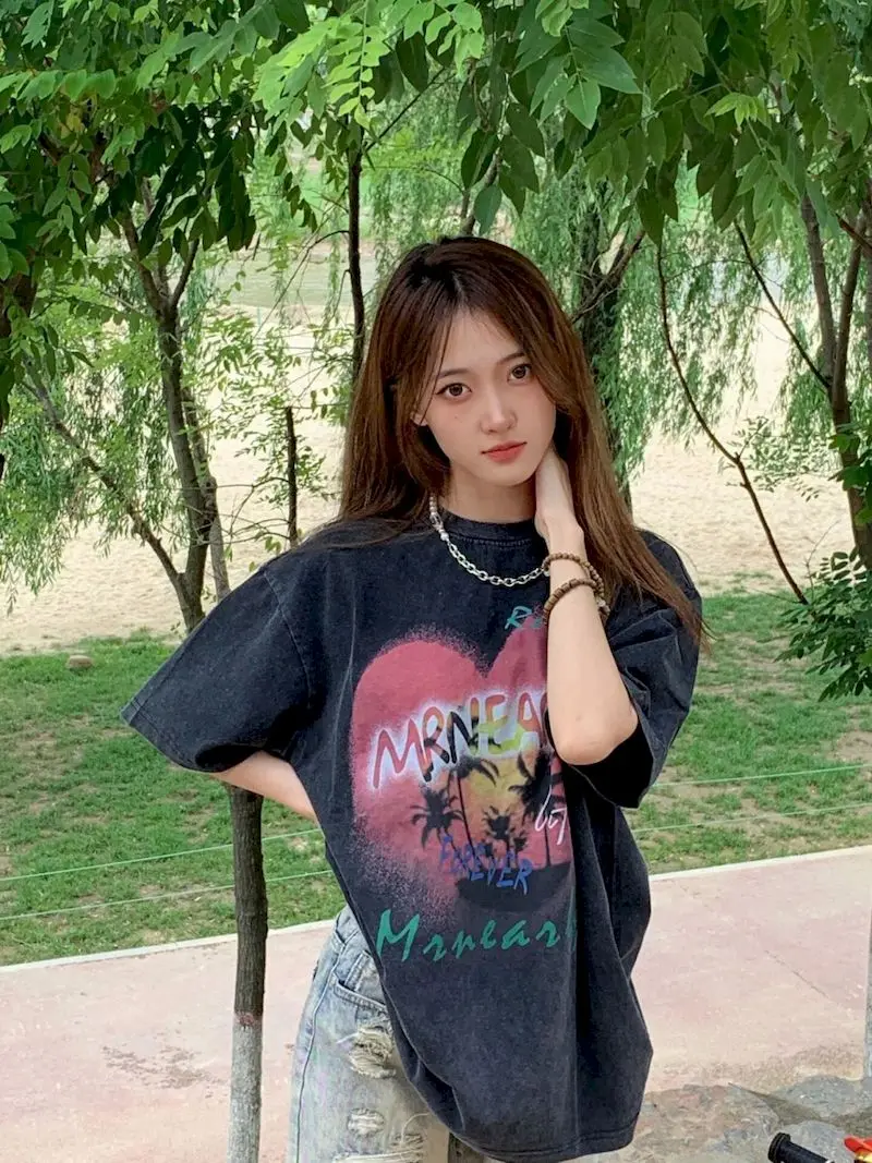 Oversized T-shirts Original Summer Trend American Style Tops Coconut Tree Love Printed Washed Short Sleeved T Shirt Men Women