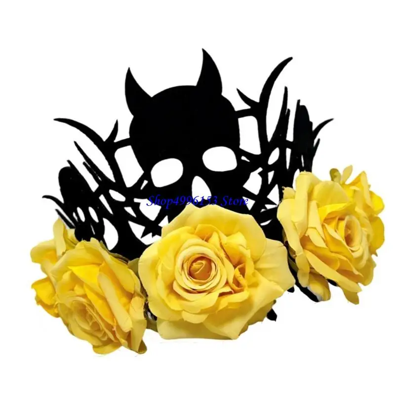 Q0ke Halloween -kopstuk Witch Devil Crowns met rozenbloemontwerp zachte stof kostuum accessoire voor volwassenen kinderen