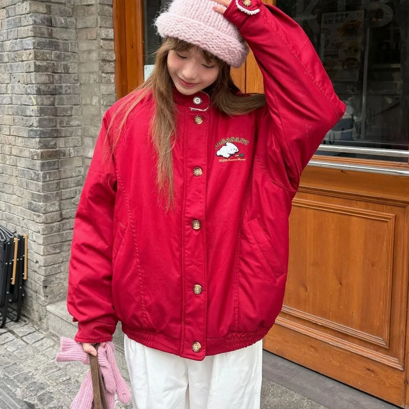 Women Navy Blue Lapel Baseball Cotton Coat Women Casual Brass Buttons Cute Bear Embroidery Short Warm Winter Padded Jacket