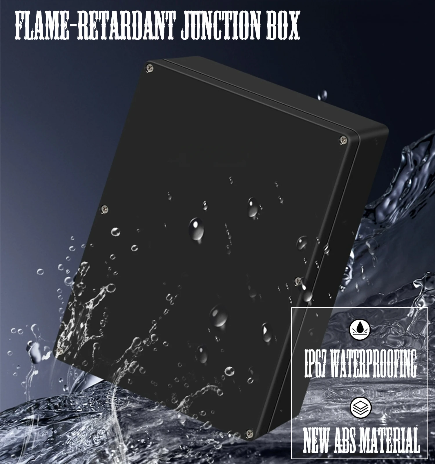 Black flame-retardant outdoor waterproof junction box, made of ABS material, with IP67 water resistance rating