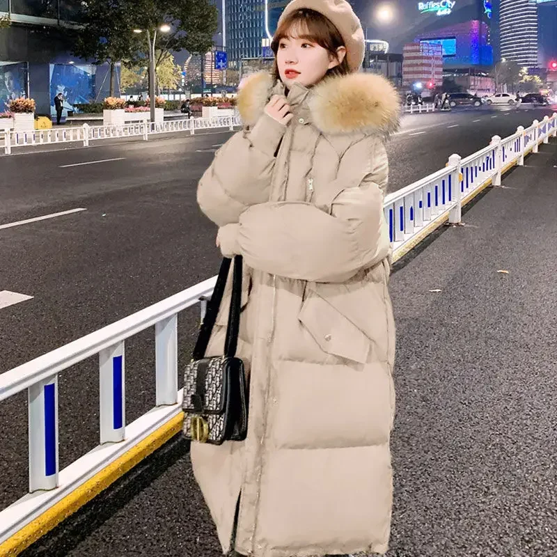 Vestes d'hiver épaisses et chaudes pour femmes, mode coréenne, col de cheveux respirant, long manteau en coton, parka à capuche coupe-vent