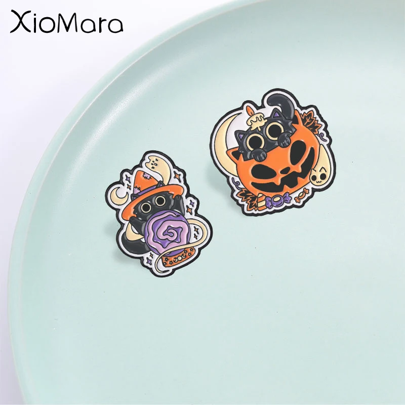 Halloween Black Cat Badge, Cute Cartoon Witch Pumpkin Ghost Enamel Pin, Fashion Accessory, Halloween Gift for Friends