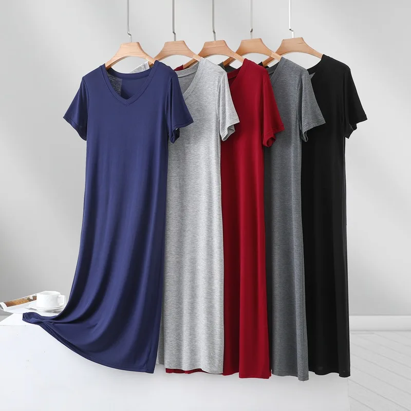 

Модальное платье-пижама в корейском стиле с V-образным вырезом, коротким рукавом, больших размеров, тонкое, свободное, повседневное, длинное платье, студенческая одежда для сна и дома